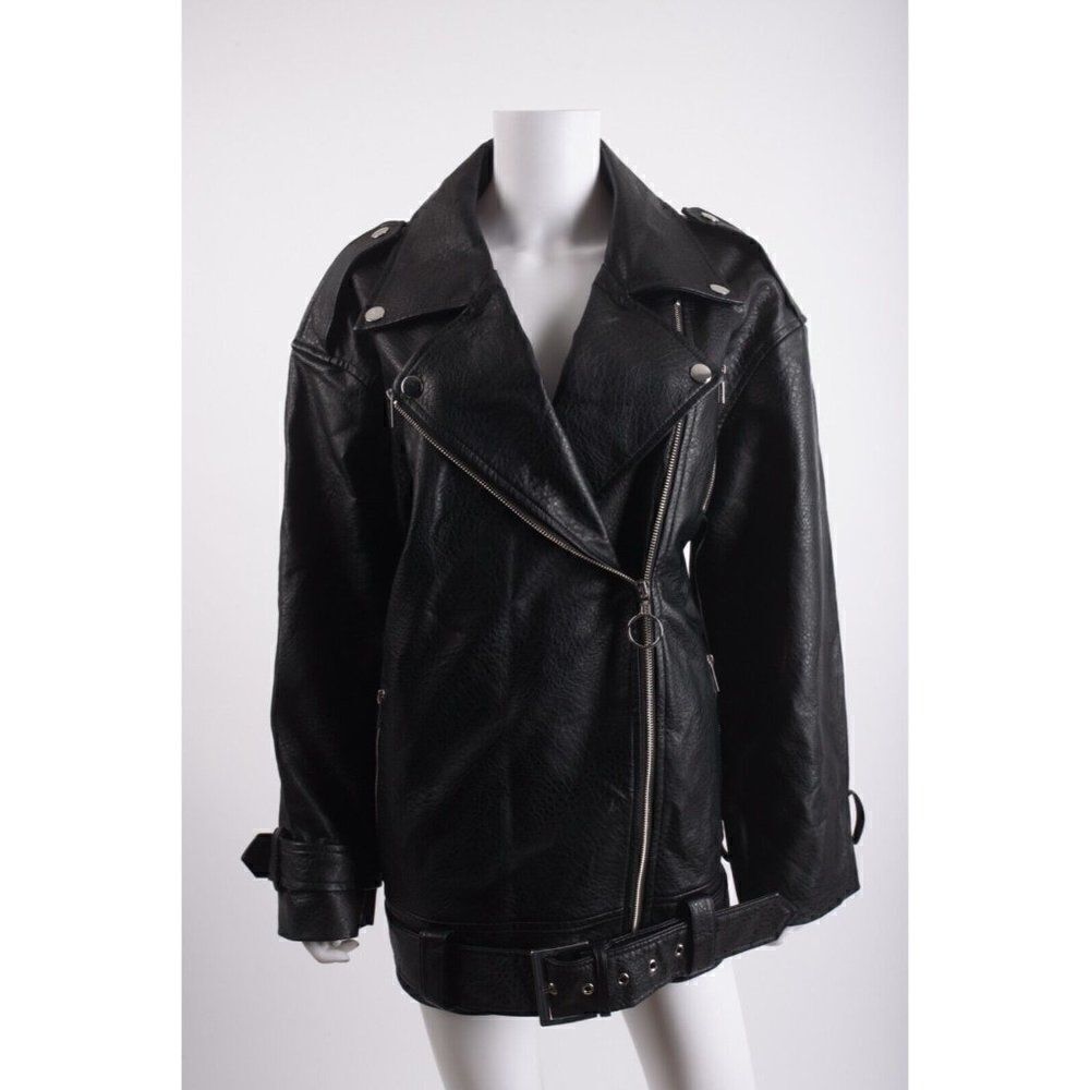 We Wore What Womens Black Oversized Biker Jacket Coat M Faux Leather Heavy